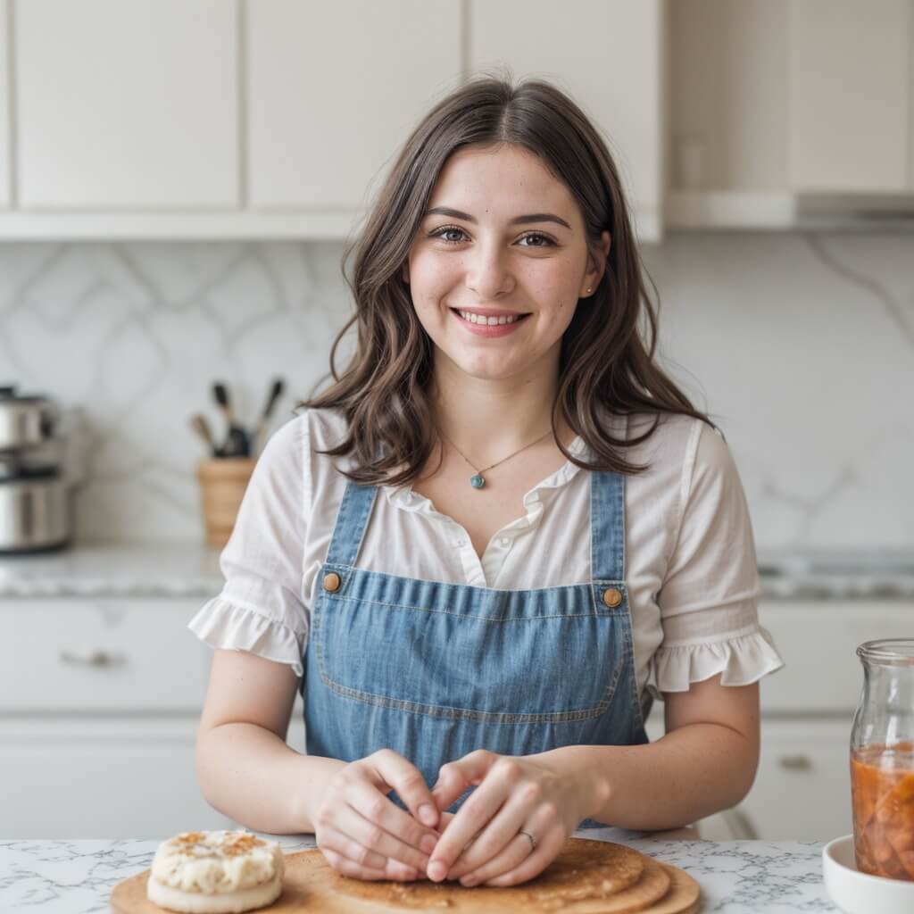 Meet Lily from Savory Splash, the culinary artist in her kitchen sanctuary, passionately kneading dough on a wooden board, embodying the spirit of creating memories and uniting people through the art of cooking.
