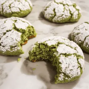 Matcha Crinkle Cookies with a crackled sugar coating on a wooden platter.