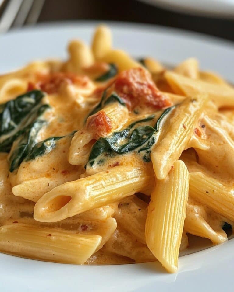 Penne Pasta with Spinach and Roasted Red Pepper Cream Sauce