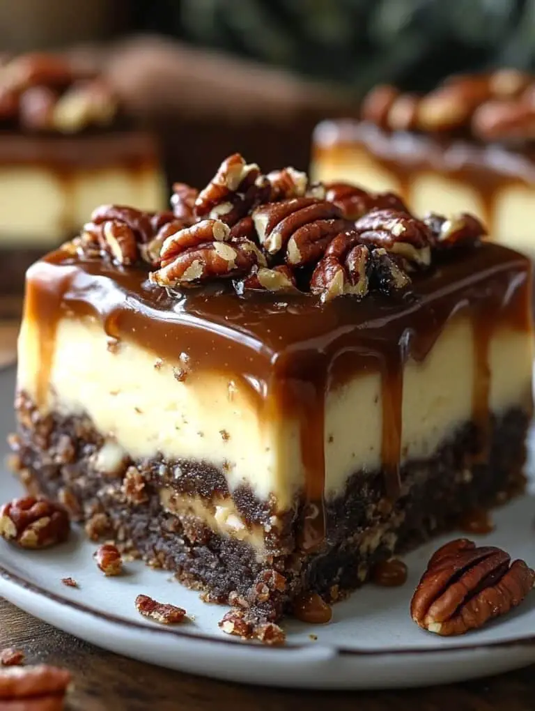Caramel Pecan Turtle Cheesecake Bars