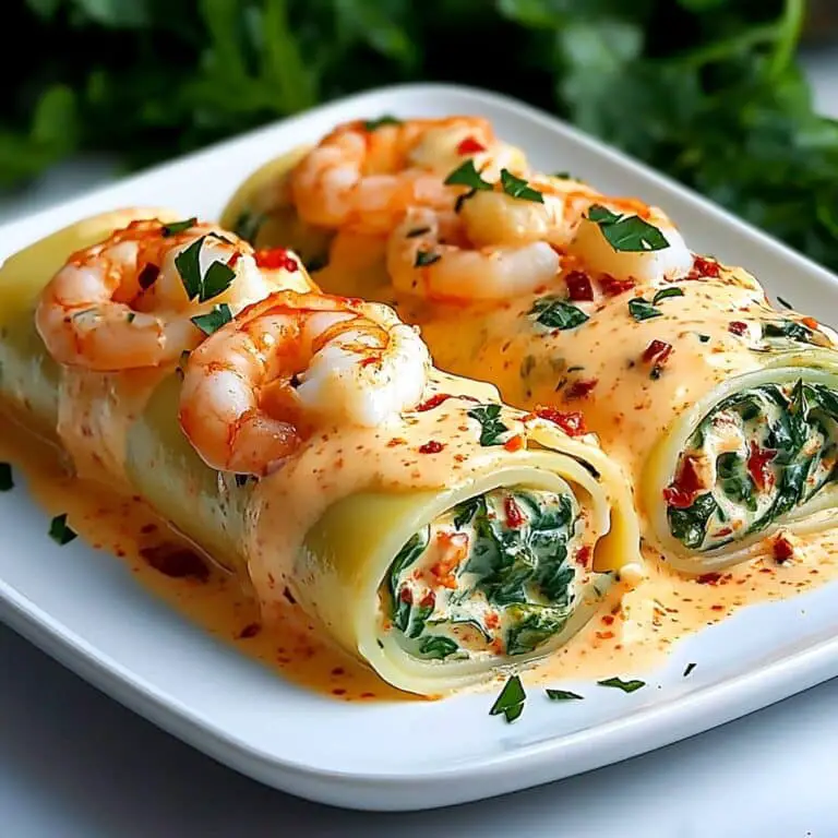 Shrimp and Spinach Stuffed Pasta Rolls with Roasted Red Pepper Cream