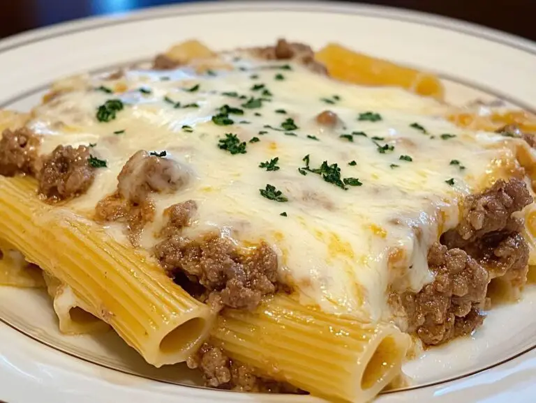 Creamy Cheesy Garlic Butter Rigatoni with Savory Beef