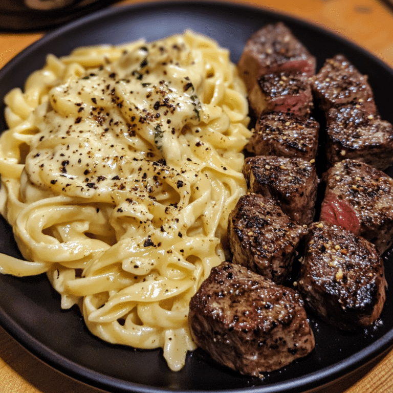 Garlic Butter Steak Bites & Creamy Roasted Garlic Truffle Pasta