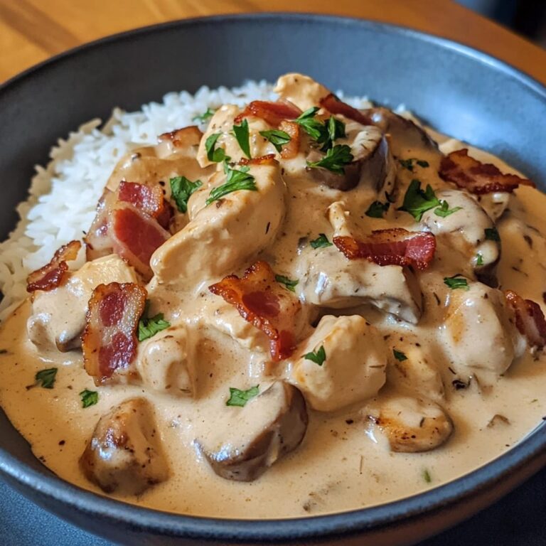 Creamy Chicken Stroganoff with Crispy Bacon Over Rice