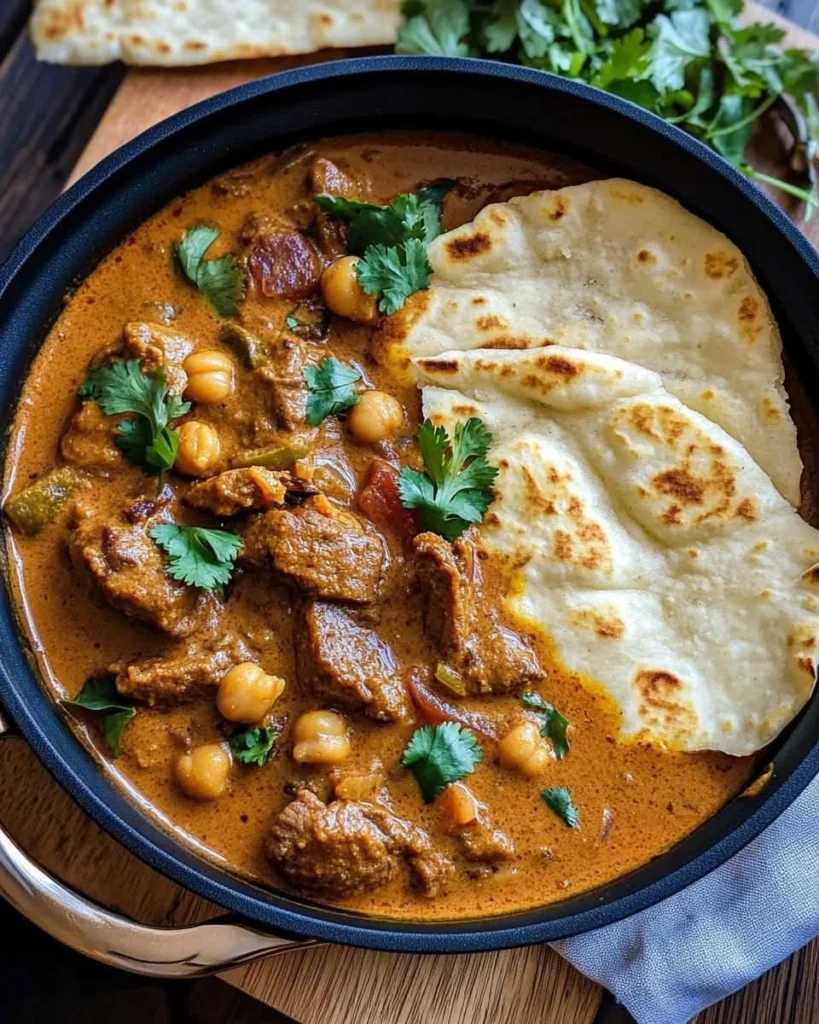 Coconut Beef and Chickpea Curry with Garlic Naan