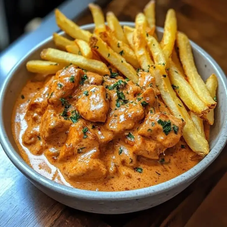 Creamy Butter Chicken in Garlic-Infused Sauce with Golden Crispy Fries