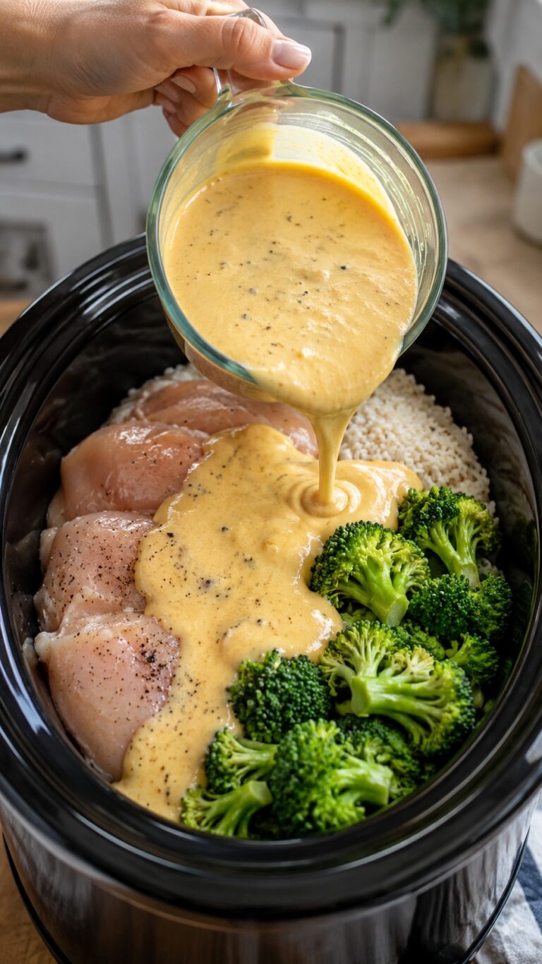 Slow Cooker Creamy Cheesy Broccoli Chicken and Rice