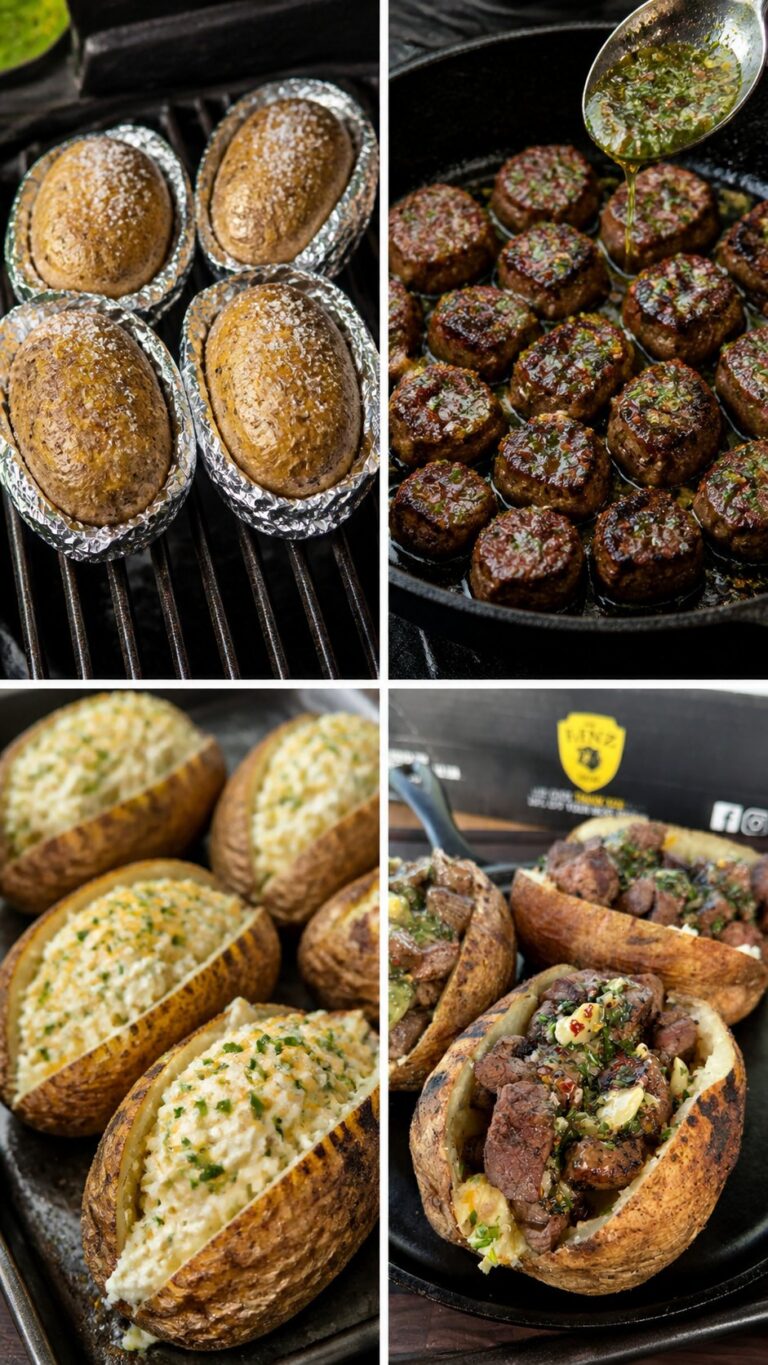Grilled Steak Bite Loaded Baked Potatoes with Garlic Herb Butter