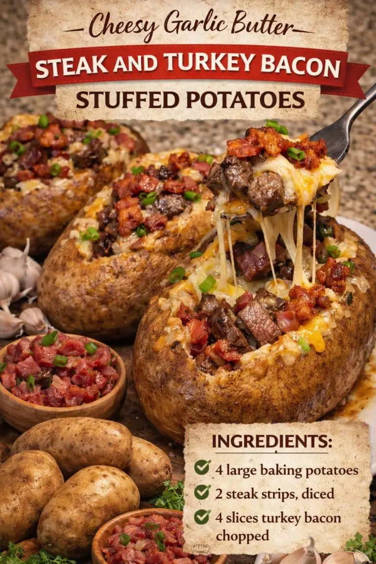 Cheesy Garlic Butter Steak and Turkey Bacon Stuffed Potatoes