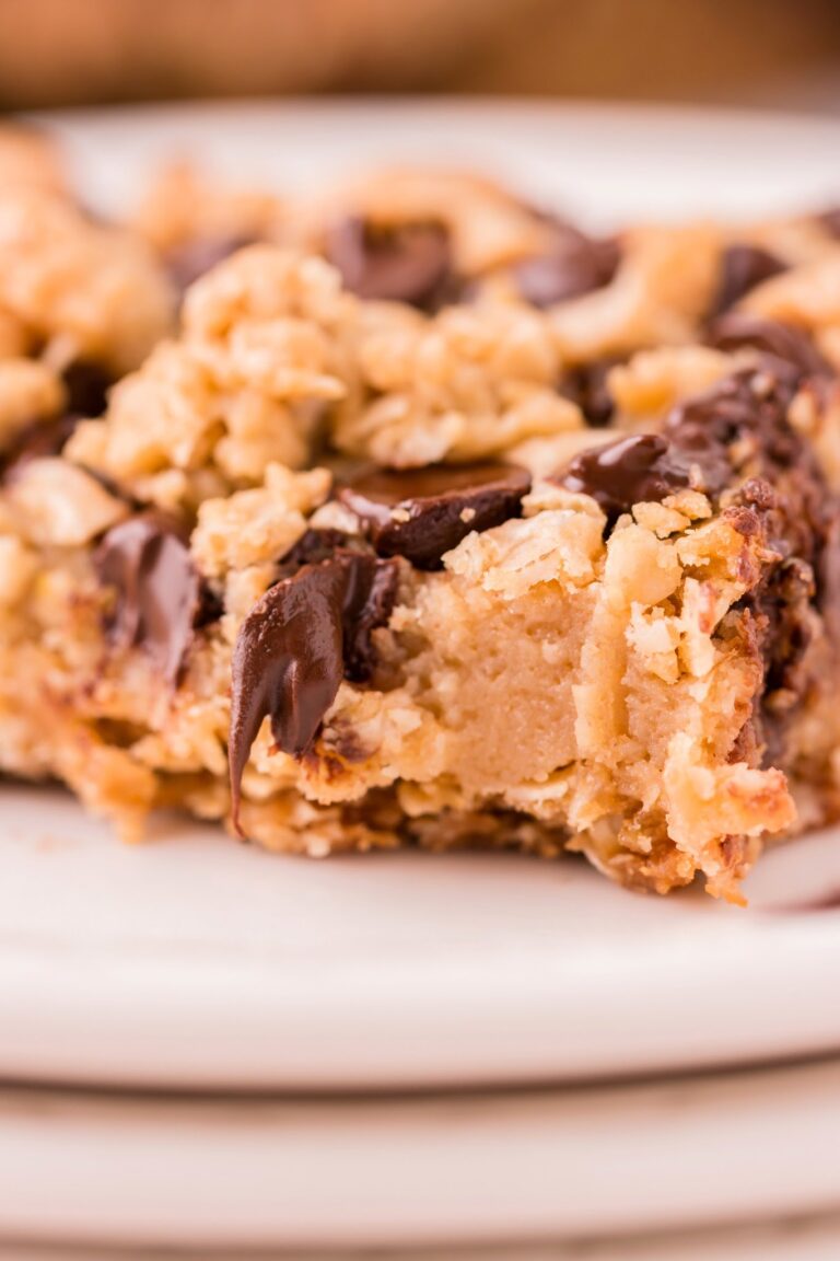 Chocolate Chip Peanut Butter Oatmeal Bars Recipe with Fudgy Peanut Butter Filling