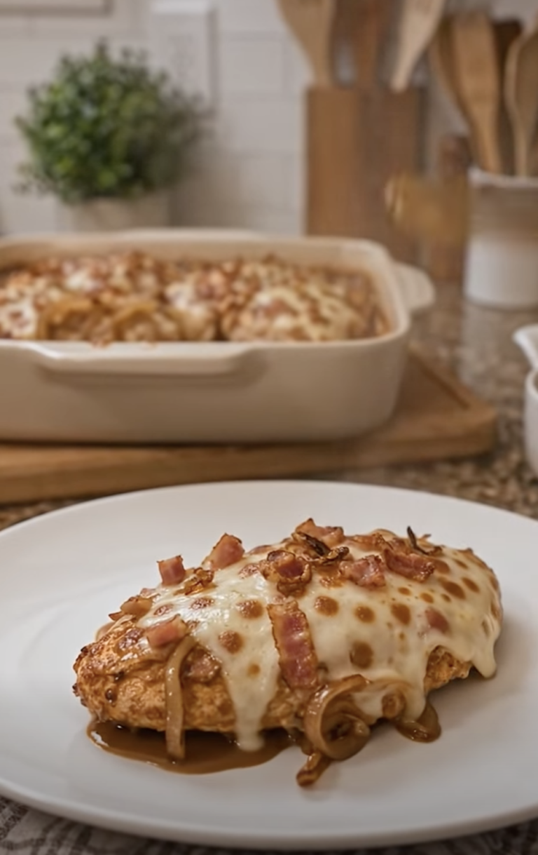 French Onion Baked Chicken with Turkey Bacon Twist: Easy Cheesy Dinner
