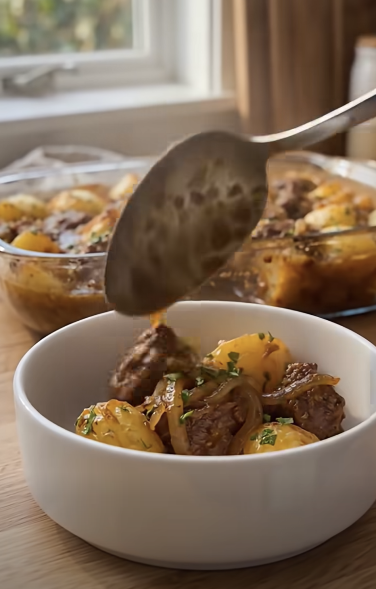 Savory Beef and Potato Bake with Onion Gravy: Hearty Family Comfort Food