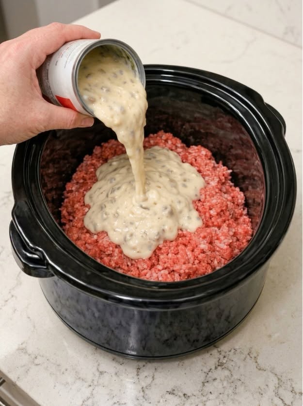 Pour Cream of Mushroom Soup Over Raw Ground Beef Patties for an Easy, Hearty Amish-Style Supper