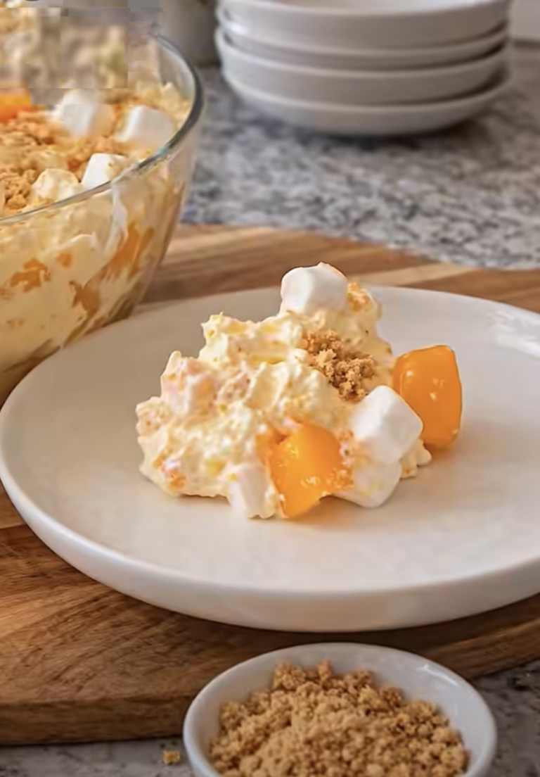 Peaches and Cream Fluff Salad: Easy Creamy No-Bake Dessert