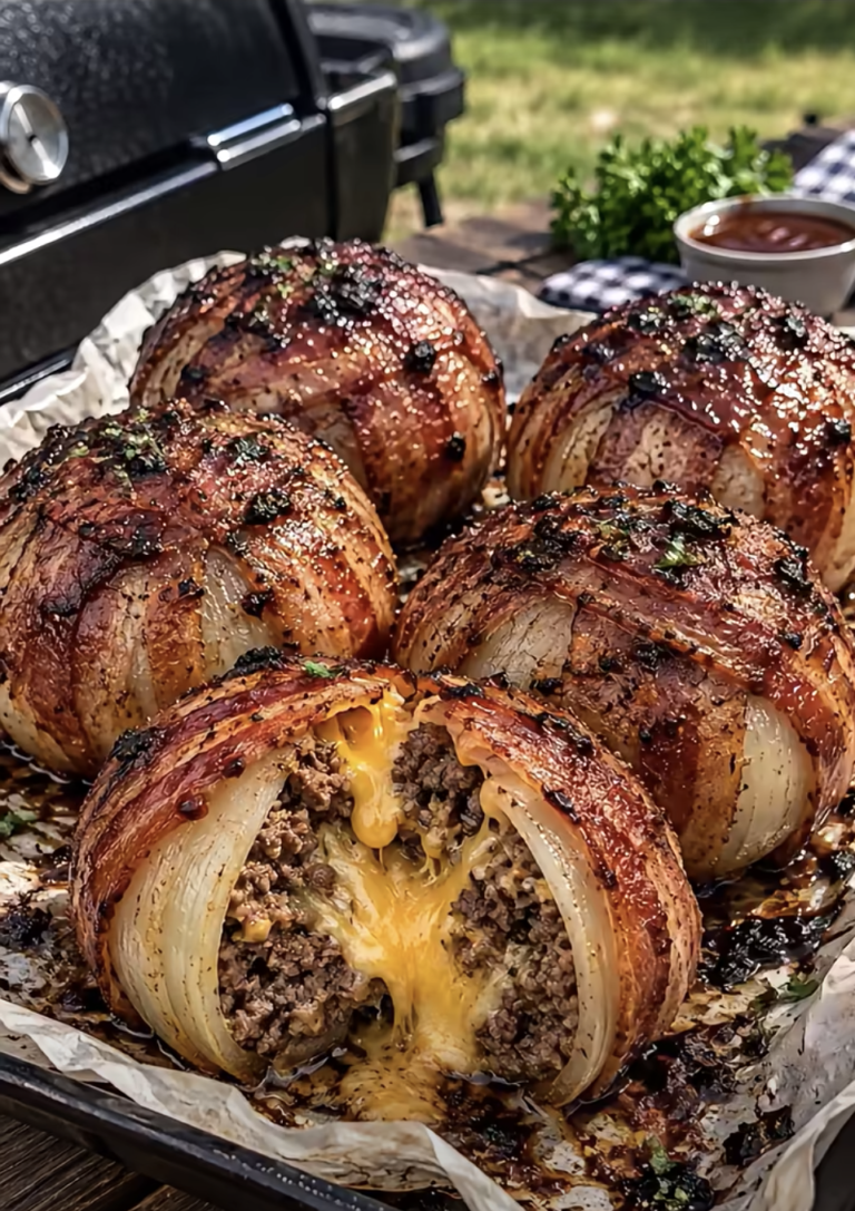 Bacon-Wrapped Stuffed Onion Bombs with Cheesy Beef