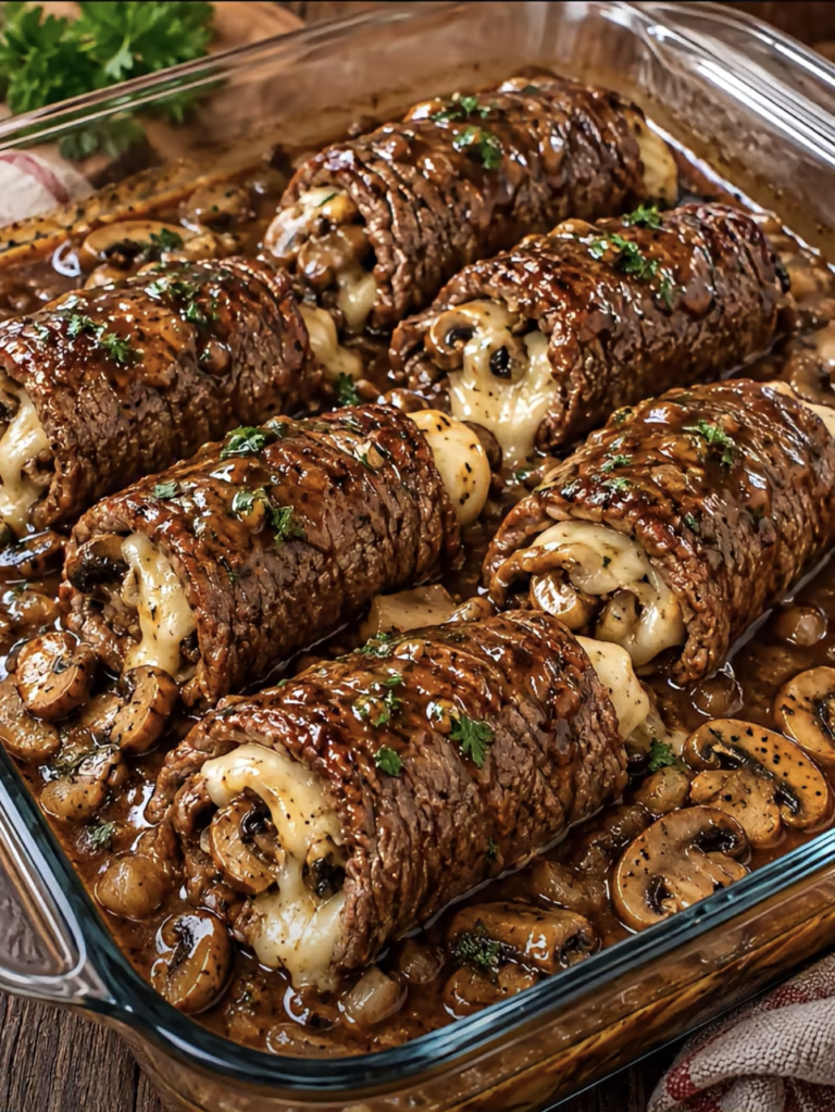 Cheesy Mushroom Stuffed Beef Rolls in Rich Brown Gravy