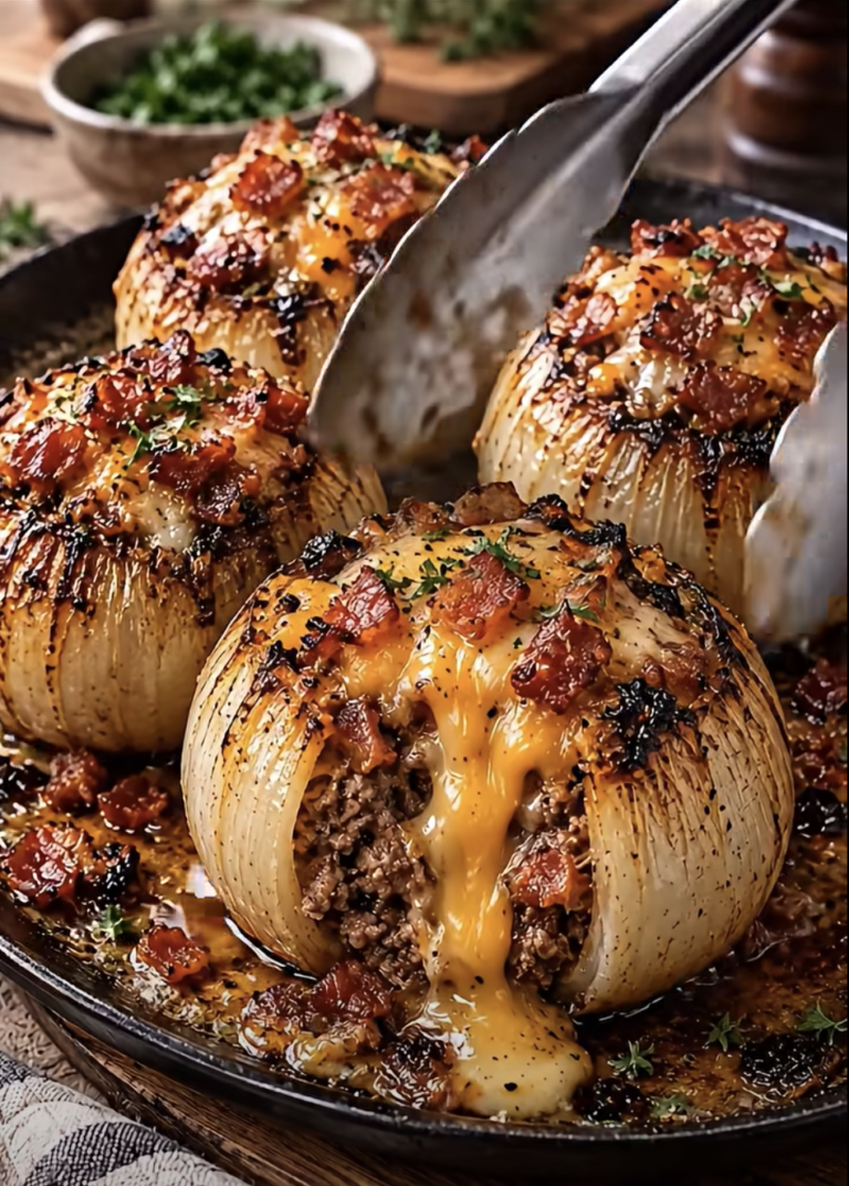 Firecracker Bacon Cheddar Cheeseburger Stuffed Onion Bombs: Sweet and Spicy Beef Dinner