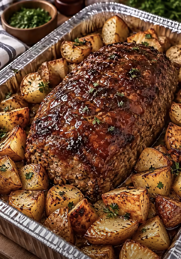 Classic Glazed Meatloaf with Roasted Potatoes