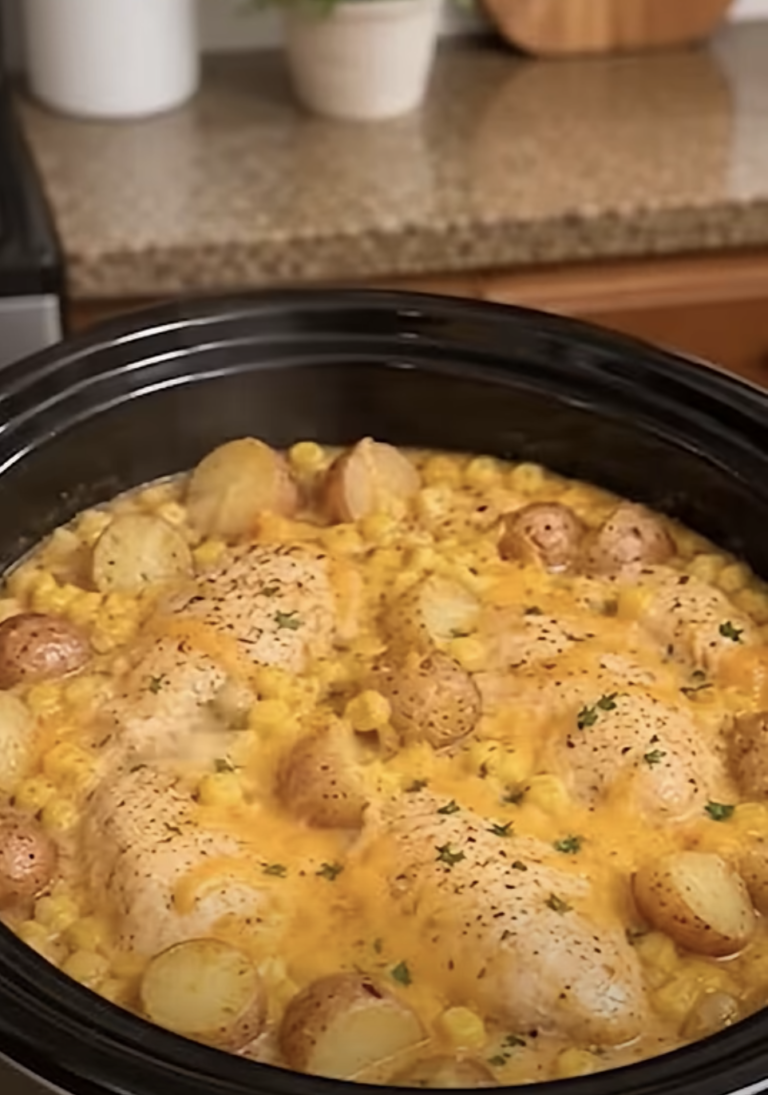 Crockpot Creamy Cheddar Chicken, Corn and Baby Potatoes