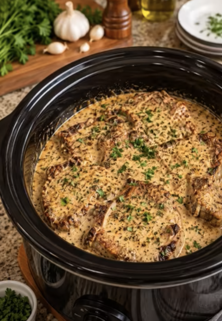 Slow Cooker Creamy Garlic Herb Beef Chops