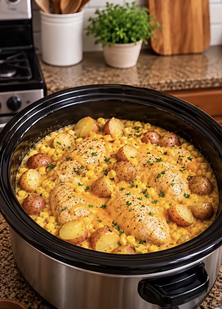 Crockpot Creamy Cheddar Chicken, Corn & Baby Potatoes