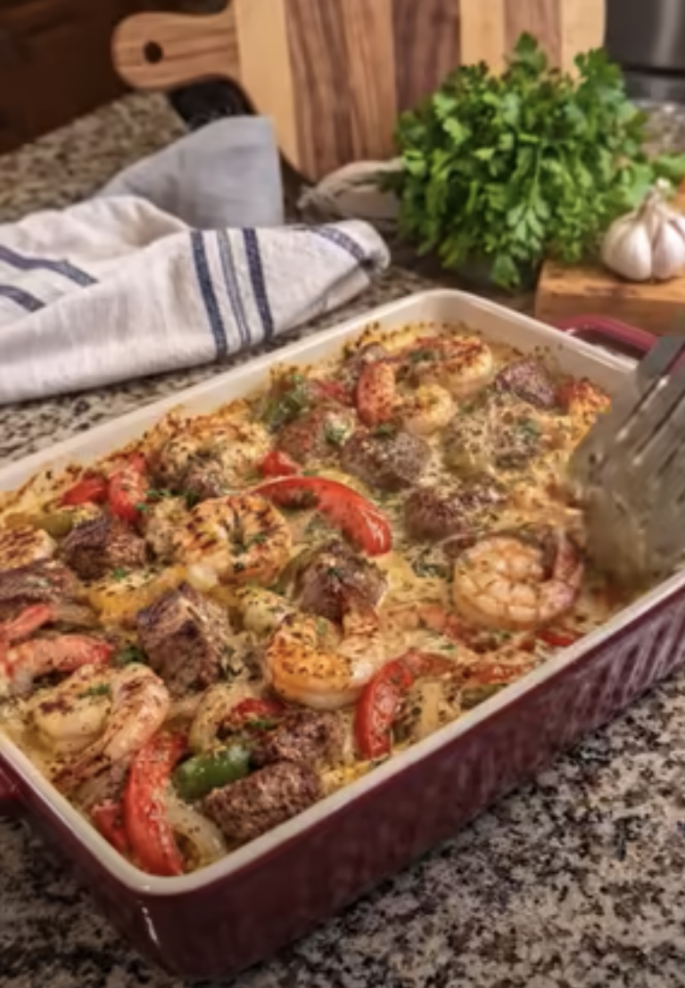 Garlic Butter Steak and Shrimp with Peppers and Creamy Sauce