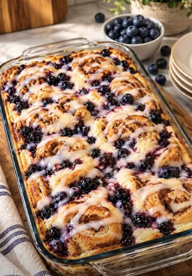 Blueberry Cinnamon Roll Cheesecake Casserole – Easy, Gooey Breakfast Dessert