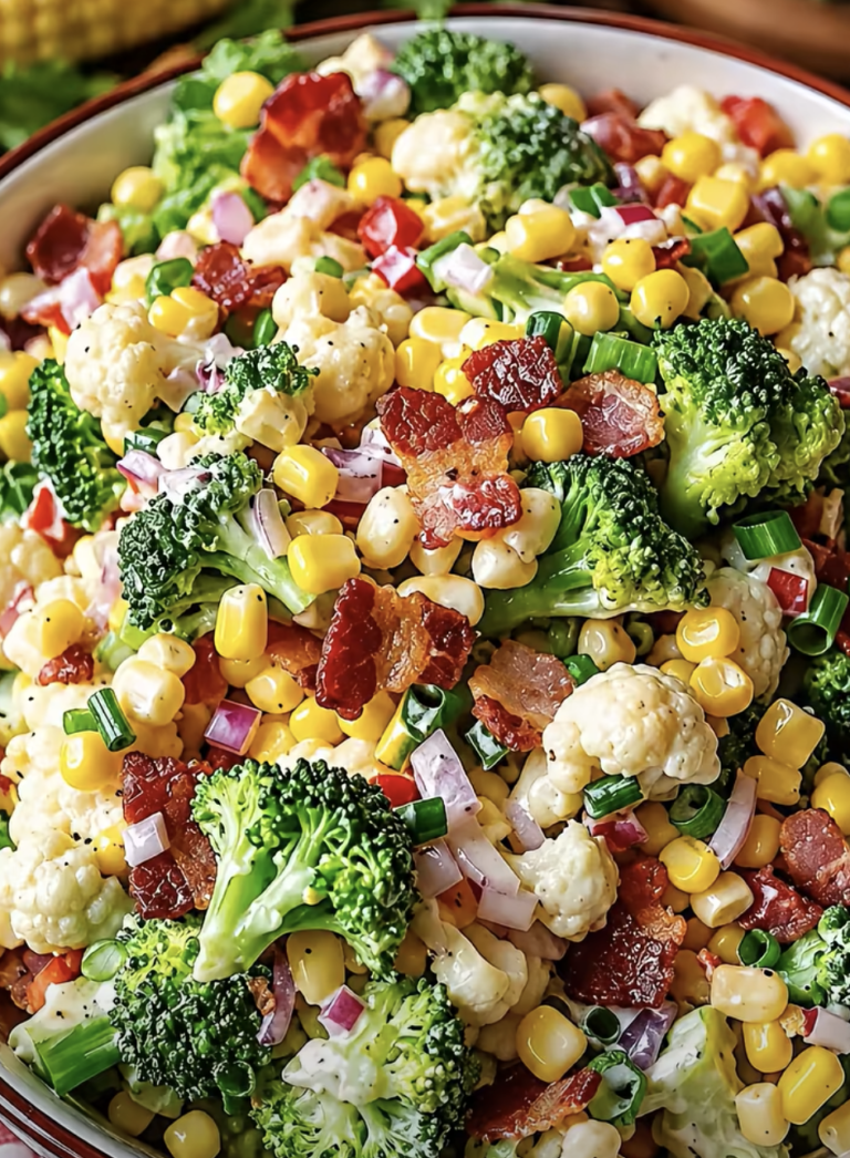 Creamy Broccoli, Cauliflower, Corn & Bacon Salad – Easy Potluck Side Dish