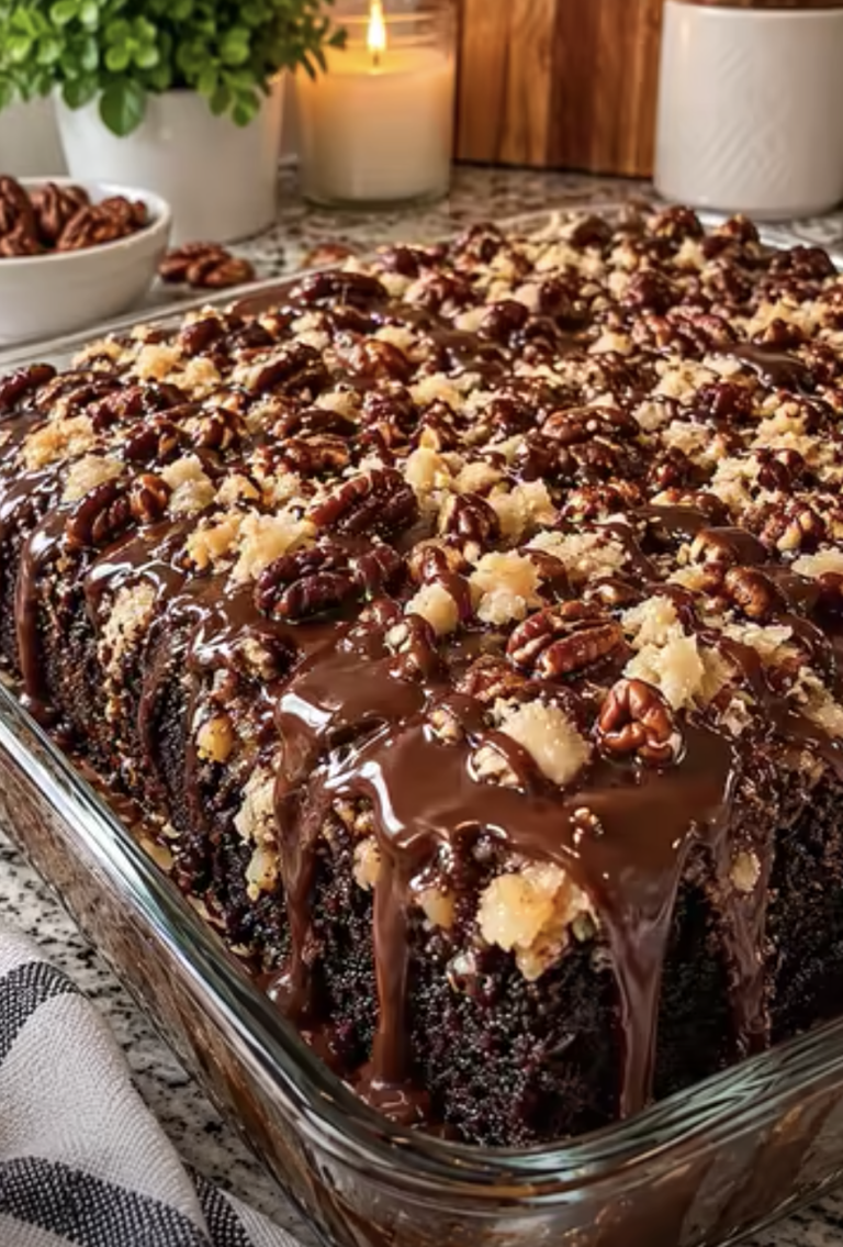 German Chocolate Poke Cake – Easy, Moist Chocolate Cake with Coconut-Pecan Topping