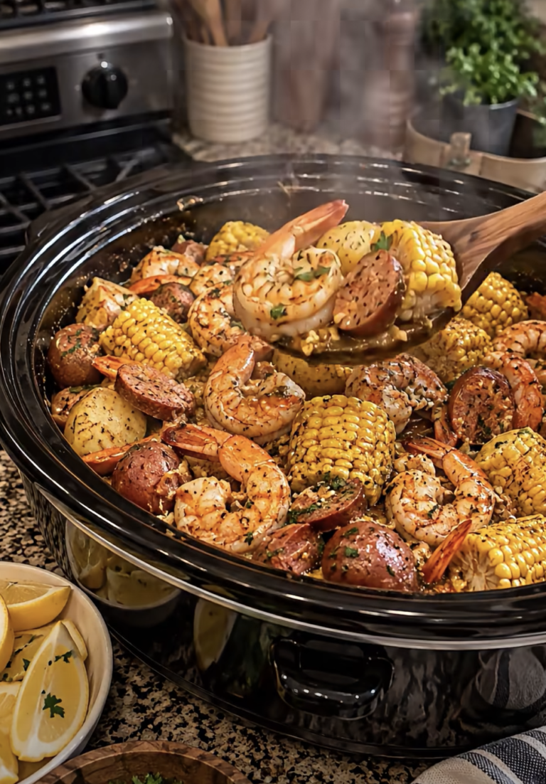 Slow Cooker Garlic Butter Shrimp Boil with Corn and Potatoes – Easy Seafood Dinner