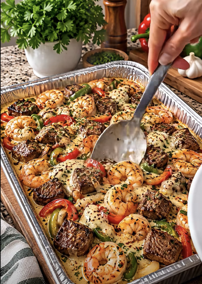 Garlic Butter Steak and Shrimp with Peppers in Creamy Sauce