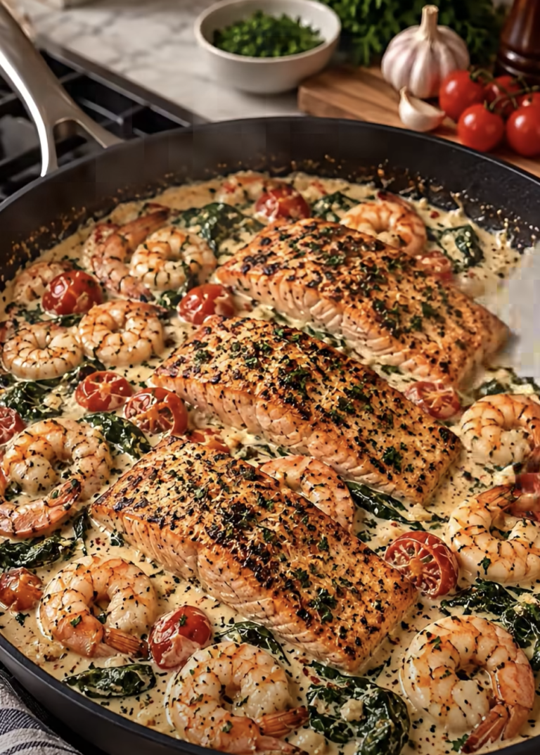 Tuscan Salmon and Shrimp Cream Skillet – Rich, Creamy & Restaurant-Worthy!