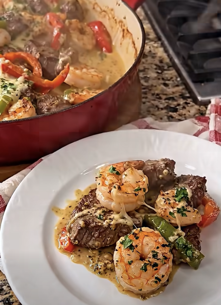 Garlic Butter Steak and Shrimp with Bell Peppers in Creamy Garlic Sauce – Easy Skillet Dinner