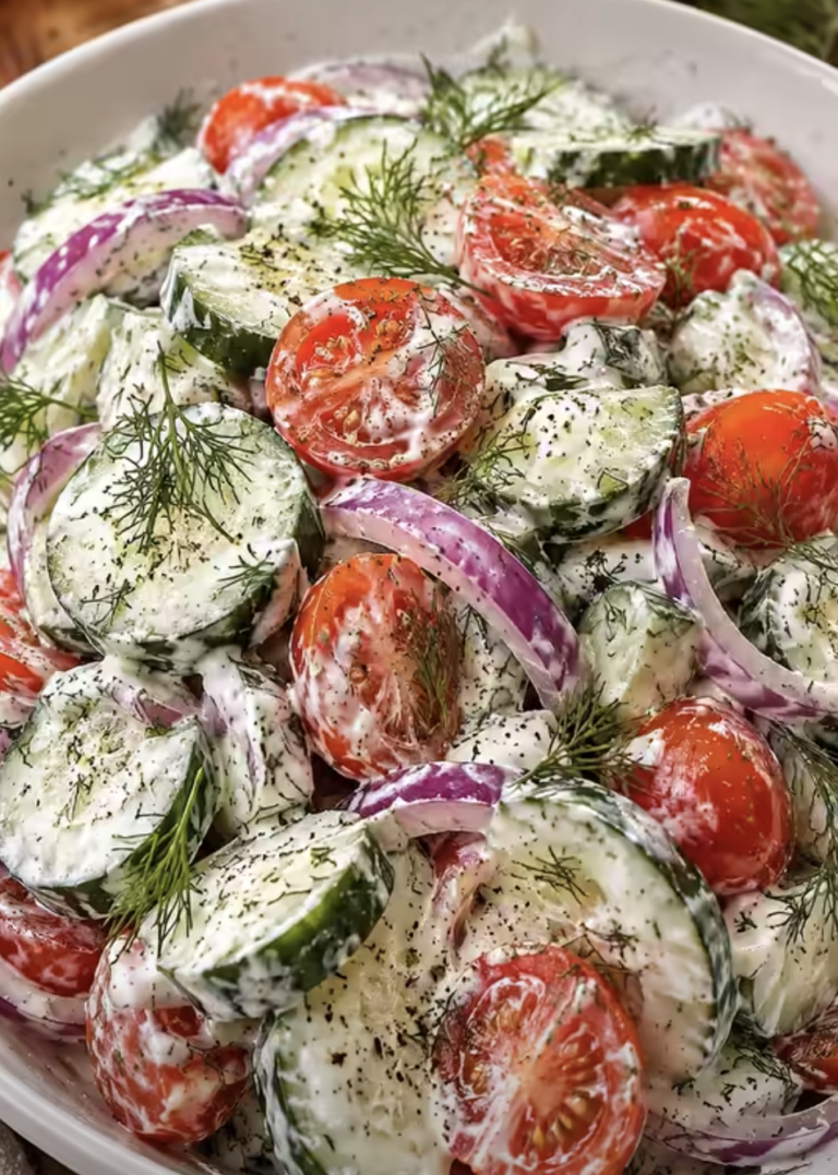 Creamy Cucumber Tomato Salad with Fresh Dill & Red Onion – Easy Summer Side Dish