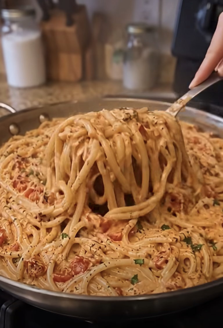 Creamy Garlic Parmesan Tomato Spaghetti with Crispy Turkey Bacon – Easy & Delicious!