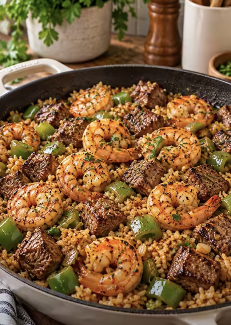 Southern Garlic Butter Shrimp and Steak Rice Skillet – Easy One-Pan Dinner