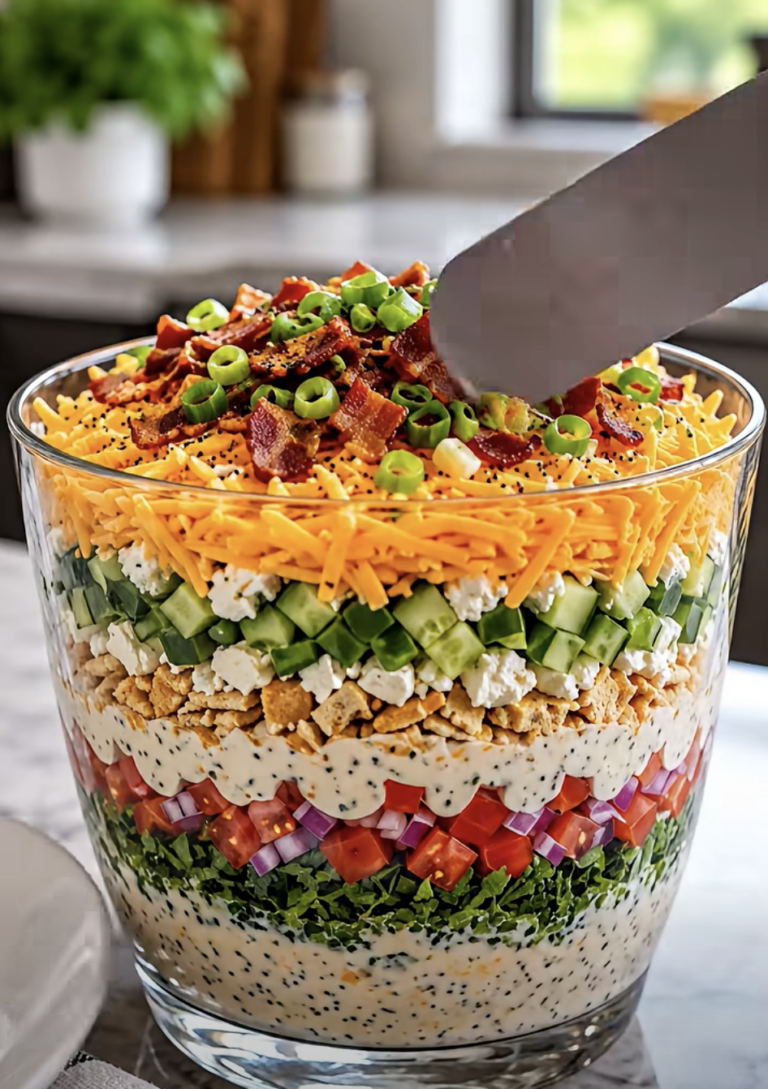 Layered Creamy Salad – Easy Make-Ahead Chicken, Bacon, and Cheddar Salad