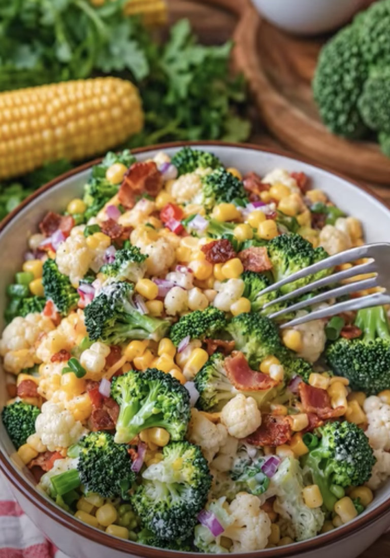 Creamy Broccoli, Cauliflower, Corn & Turkey Bacon Salad – Easy Crunchy Side Dish