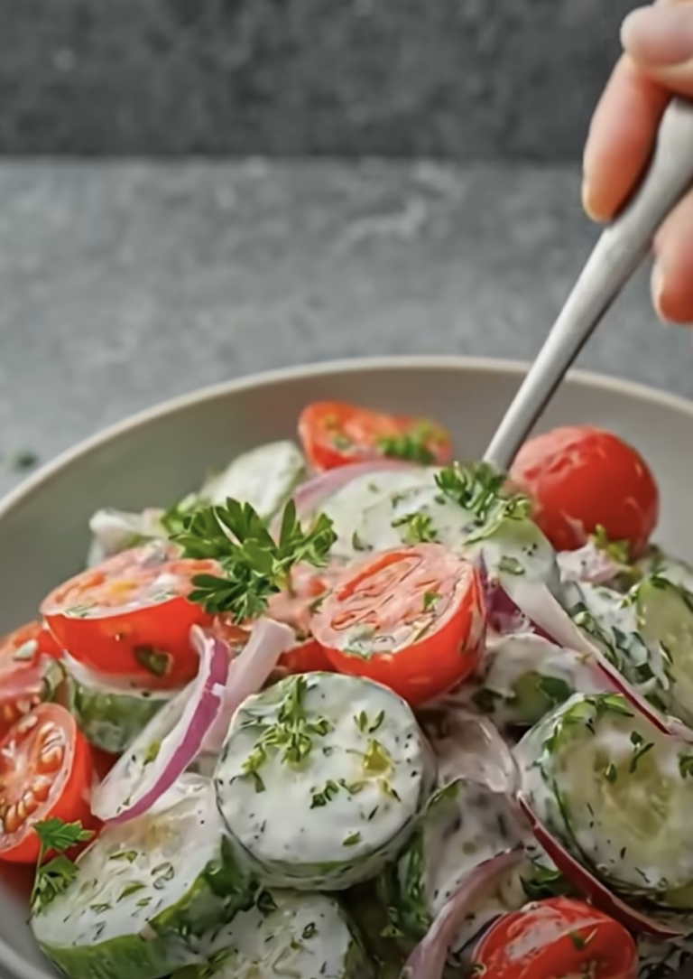 Creamy Cucumber Tomato Salad with Fresh Herbs & Red Onion – Easy Refreshing Recipe