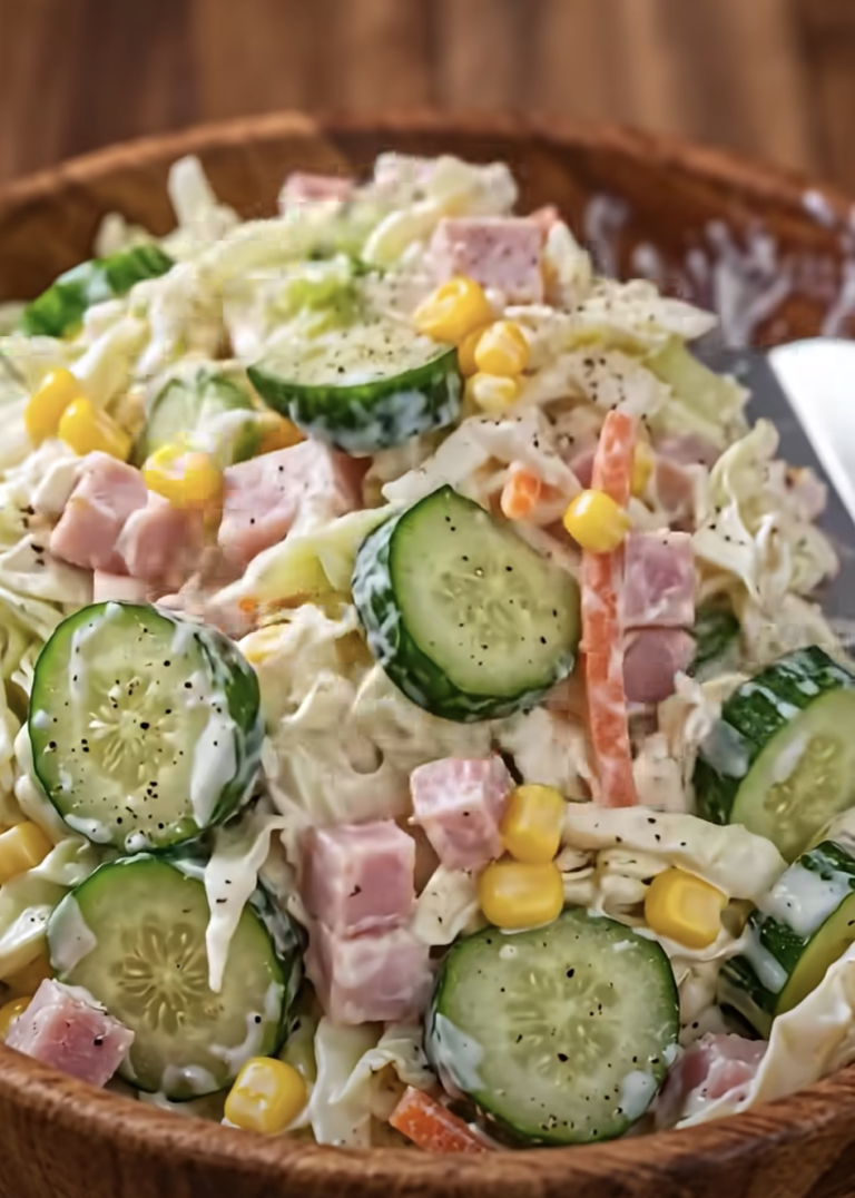 Creamy Cabbage Cucumber Corn Salad with Chicken Ham, Carrots & Ranch Dressing