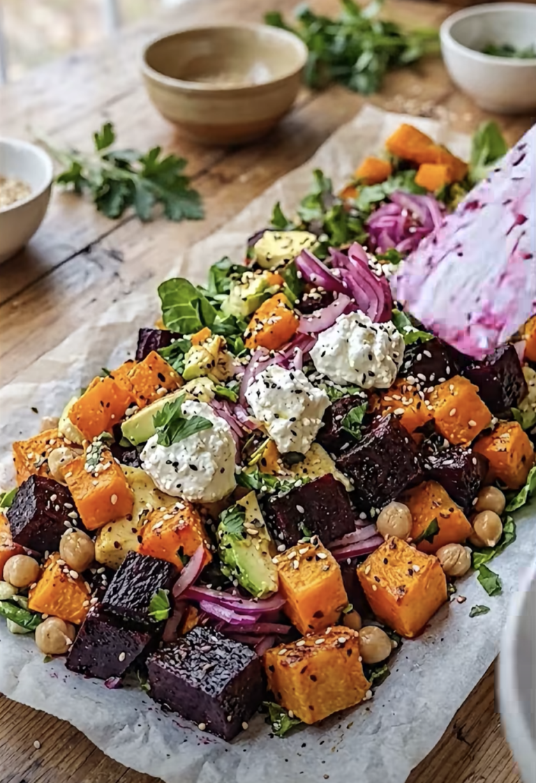 Roasted Beet, Butternut Squash & Chickpea Salad with Herb Whipped Goat Cheese